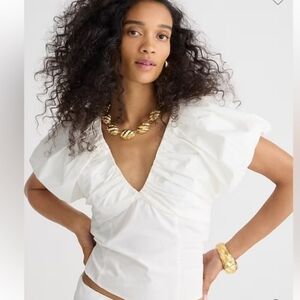 J. Crew Cecily Top White Cotton Stretch Puff Sleeves V Neck White 6